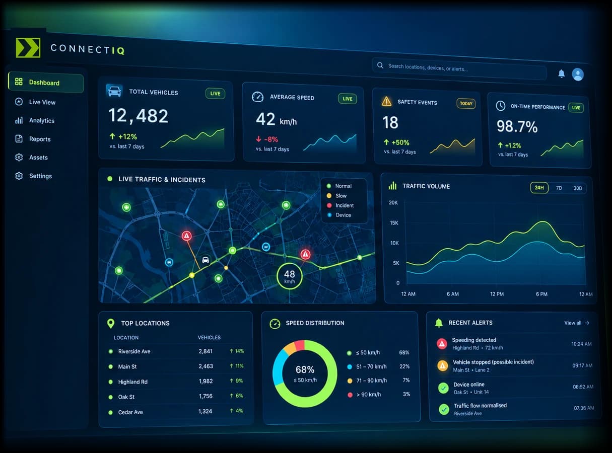 ConnectIQ dashboard showing live traffic, average speed, safety events and analytics