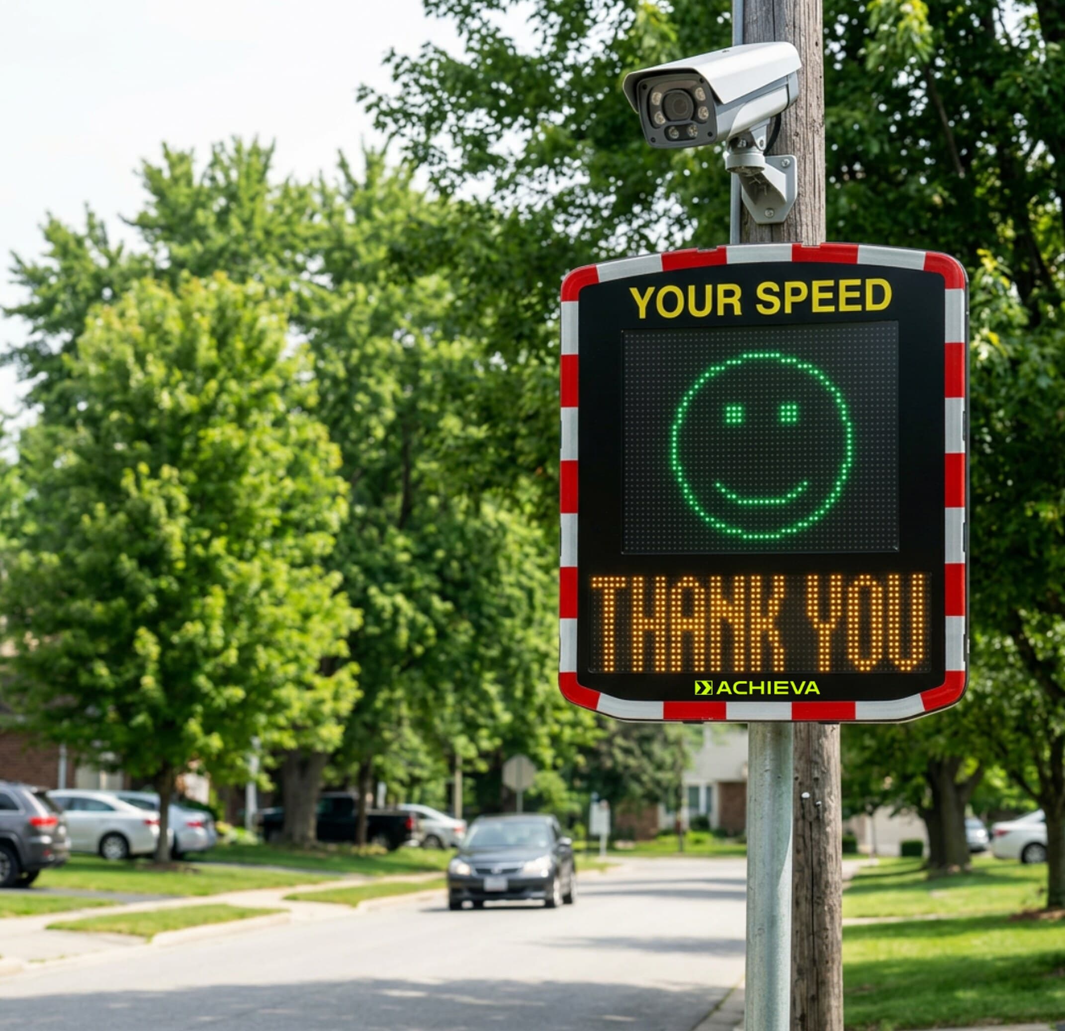 MotionIQ radar speed display board deployed roadside in India with a TrafficIQ camera mounted above