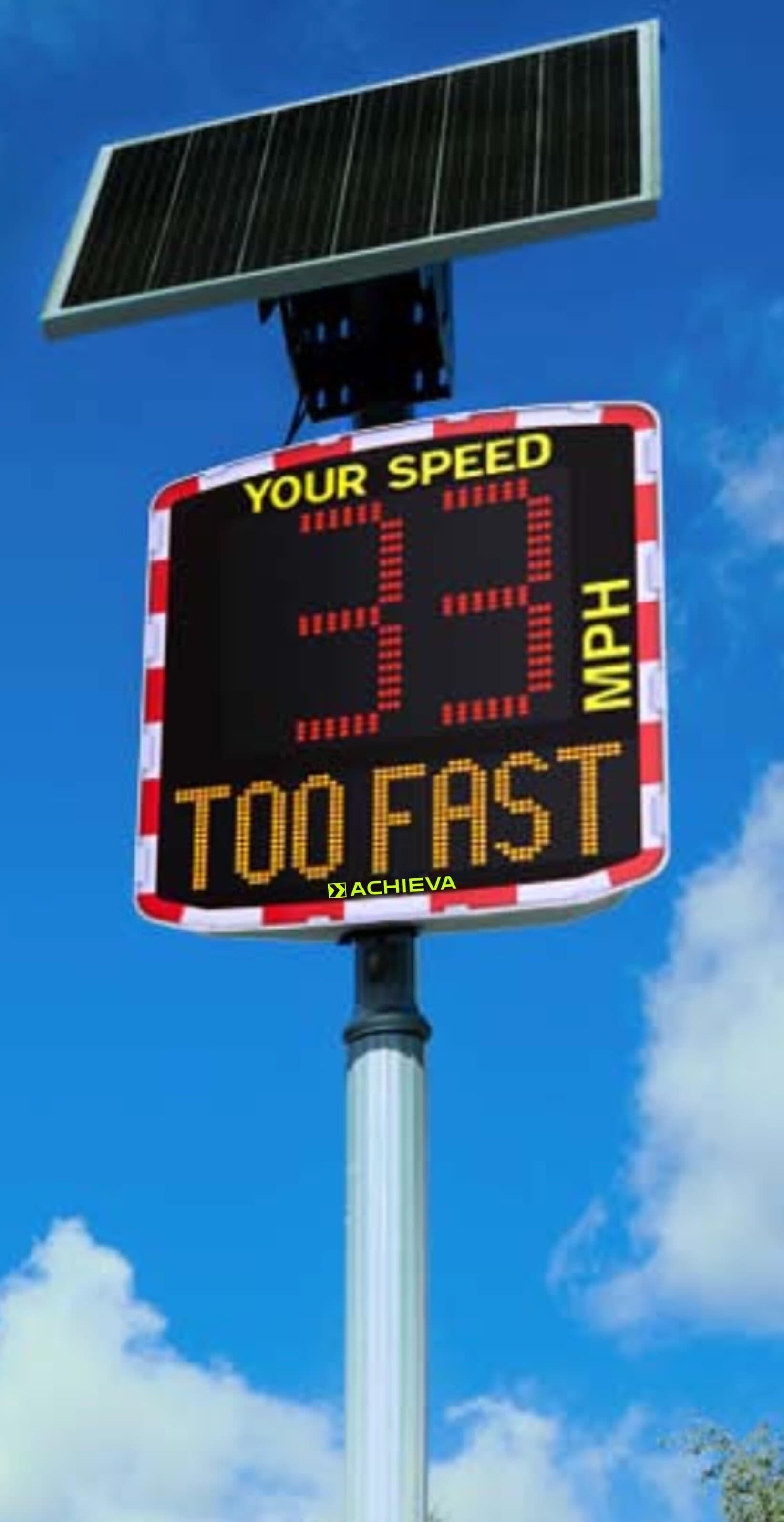 MotionIQ radar speed display board, solar and pole mounted against the sky